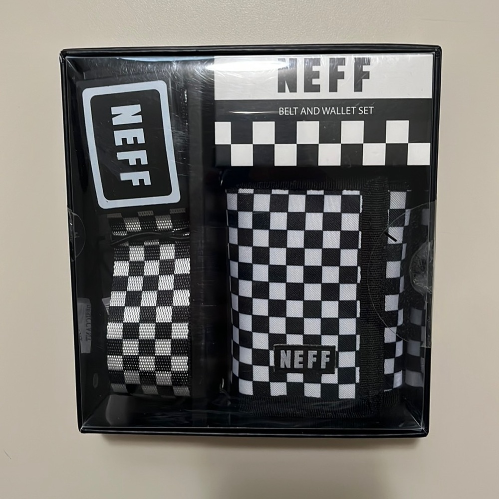 Neff Black and White Checkered Belt and Wallet Set